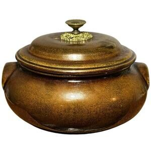 Vintage Georges Briard Signed 2qt Covered Casserole Dish Brown Gold Speckle USA
